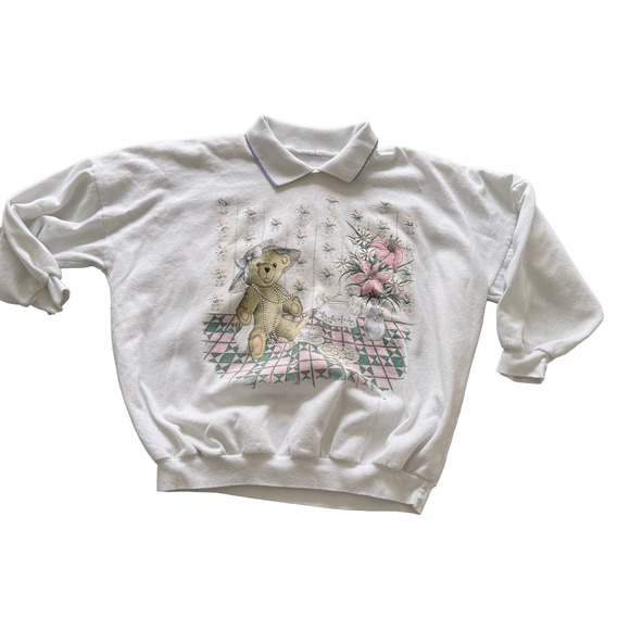 Tops - Vintage White Teddy Bear Tea Party Graphic Sweatshirt Polo Collar Women Large